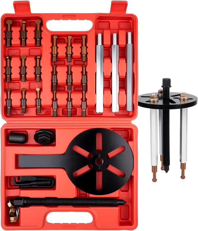 Clatoon 21 in 1 Bearing Puller, Bearing Puller Kit with Curved Hook and Red Steel Collet Multifunctional Bearing Removal Tool, Bearing Disassembly Gear Three-Jaw Puller - Image 1